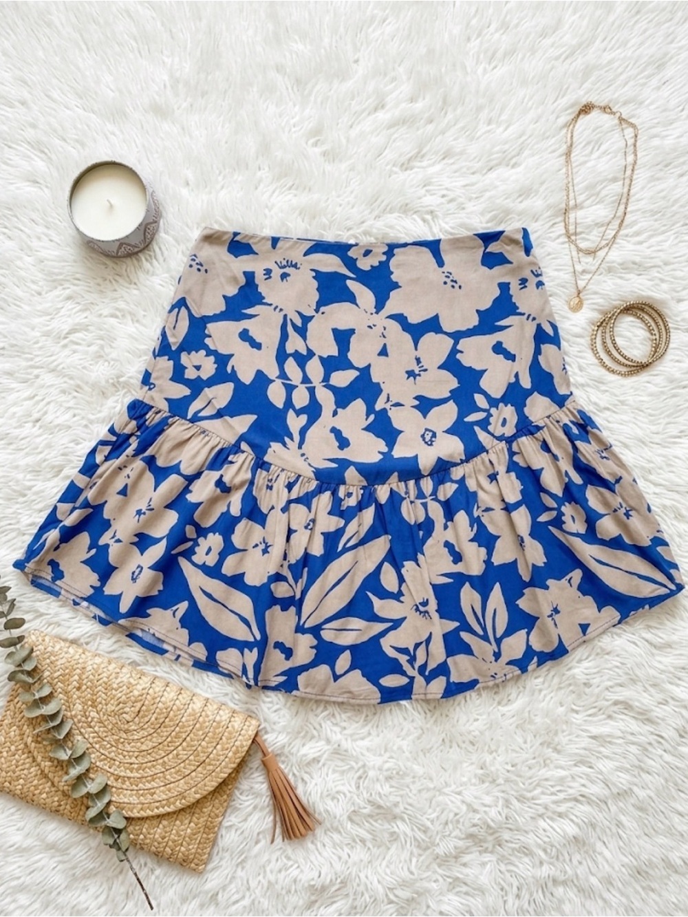 Floral Ruffle High Rise Mini Skirt - Blue and Beige